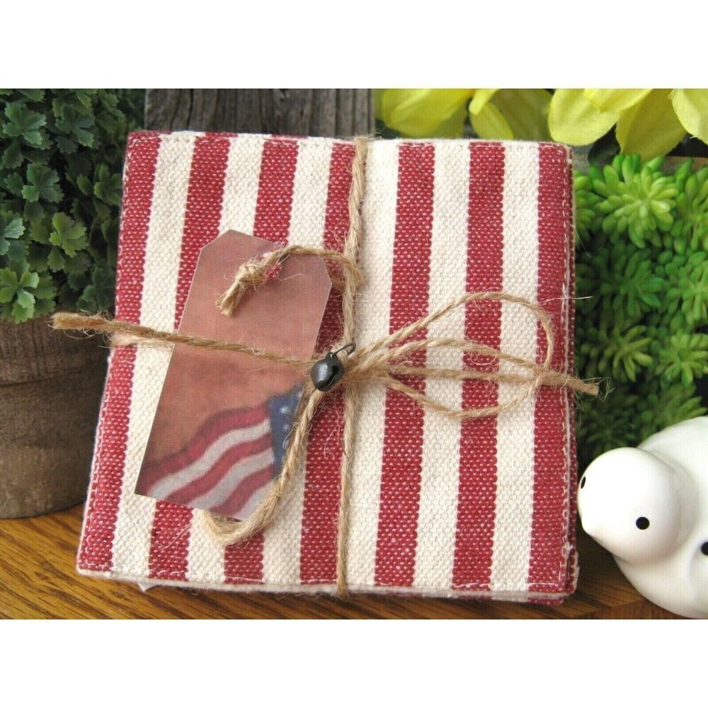 New Rustic American Red & White Stripe Fabric Coasters Set of 6 w/ Flag Tag